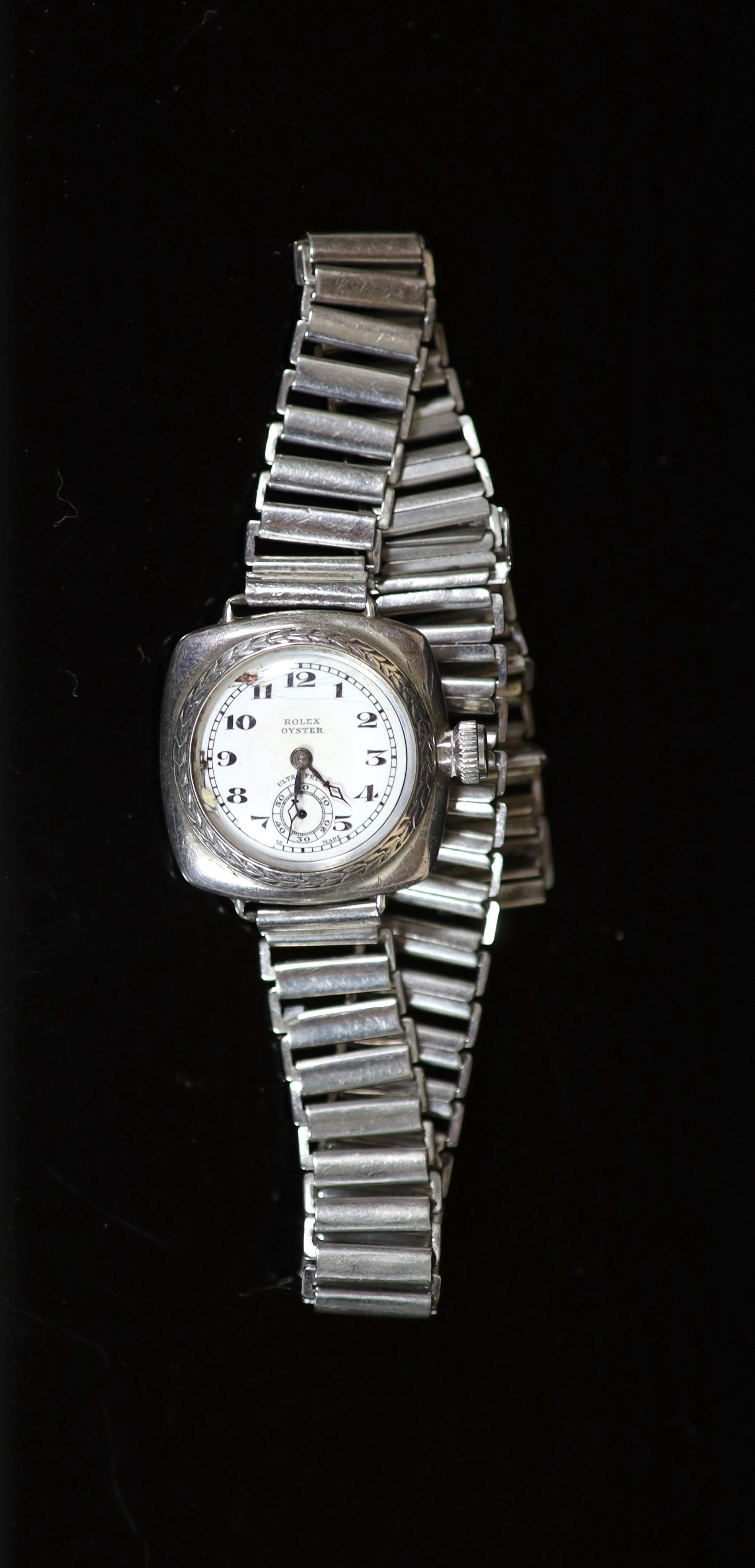 A late 1920's gentleman’s silver cushion cased Rolex Oyster Ultra Prima manual wind wrist watch
